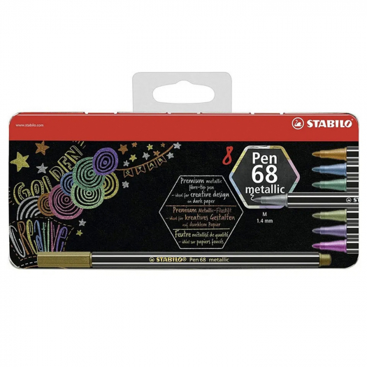 Фломастеры Stabilo Pen 68 metallic 8 цветов, металлический футляр  | Фото 1