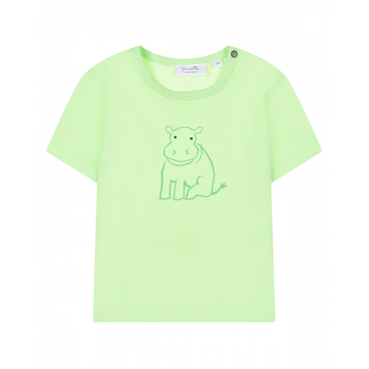 Зеленая футболка с принтом &quot;бегемот&quot; Sanetta Kidswear | Фото 1