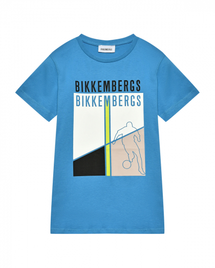 Футболка с логотипом и принтом футболиста, голубая Bikkembergs | Фото 1