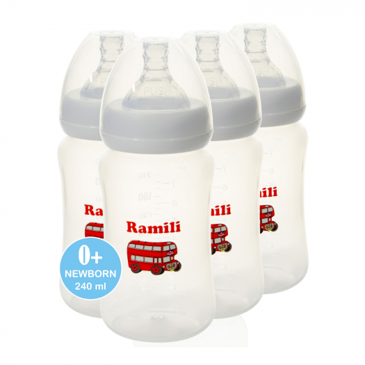 Набор из четырех противоколиковых бутылочек Baby 240 мл, слабый поток Ramili | Фото 1