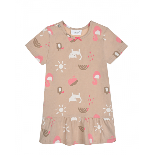 Бежевое платье с принтом &quot;лебеди и коты&quot; Sanetta Kidswear | Фото 1