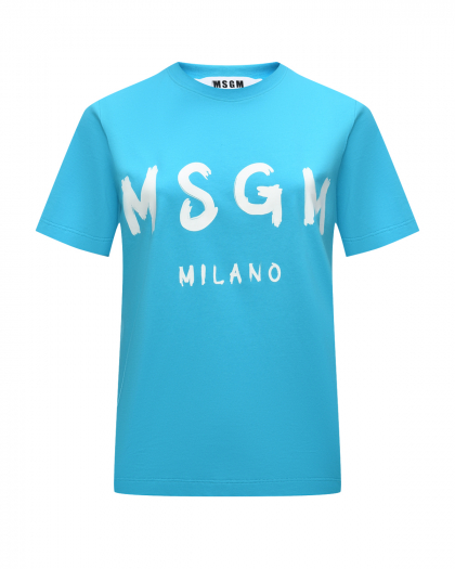 Футболка с крупным лого, голубая MSGM | Фото 1