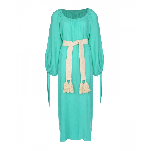 Платье изумрудного цвета с плетеным поясом 120% Lino | Фото 1