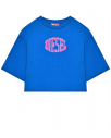 Укороченная футболка с розовым лого, синяя