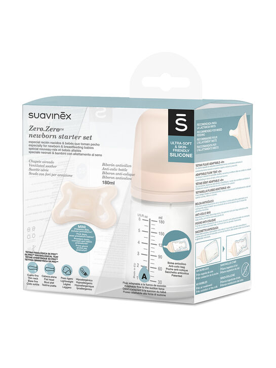 Набор Zero.Zero. Антиколиковая бутылочка с адаптивным потоком 180 мл, силиконовая пустышка -2/2 мес Suavinex | Фото 1