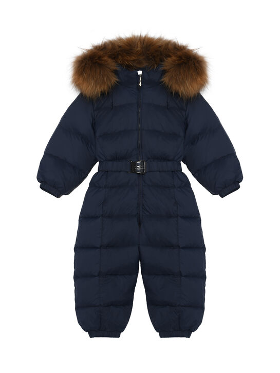 Комбинезон с мехом енота на капюшоне, темно-синий Manudieci | Фото 1