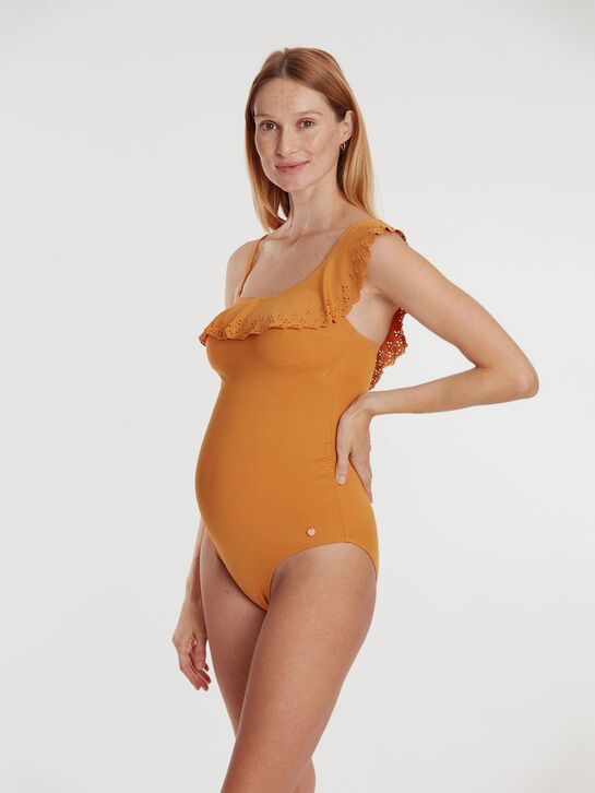 Купальник для беременных слитный волан с перфорацией, горчичный Cache Coeur | Фото 4