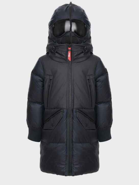 Синее пуховое пальто с очками на капюшоне AI RIDERS ON THE STORM | Фото 1