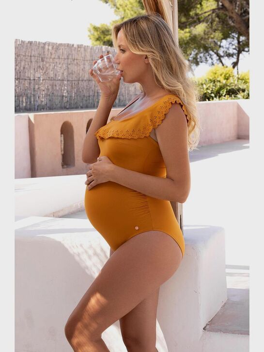 Купальник для беременных слитный волан с перфорацией, горчичный Cache Coeur | Фото 7