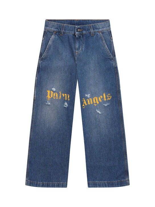 Джинсы с желтым лого, рваные Palm Angels | Фото 1