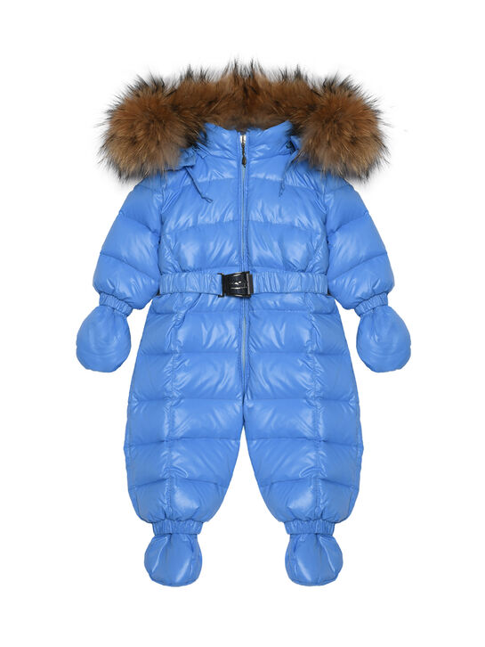 Комбинезон с мехом енота на капюшоне, синий Manudieci | Фото 1