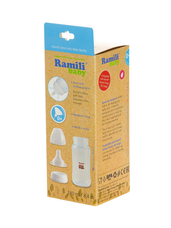 Противоколиковая бутылочка для кормления Ramili Baby 240 мл. с двумя сосками 0+ и 3+ (240MLBT100M, слабый и средний поток)  | Фото 3