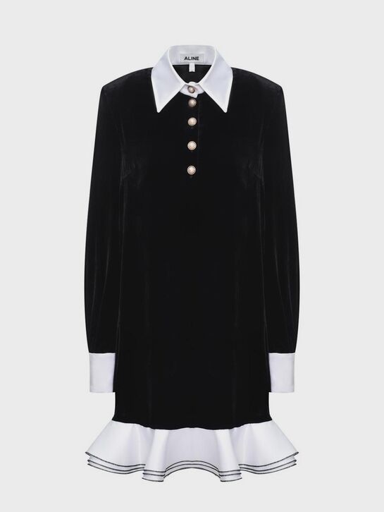 Бархатное платье с белым воротником, черное ALINE | Фото 1