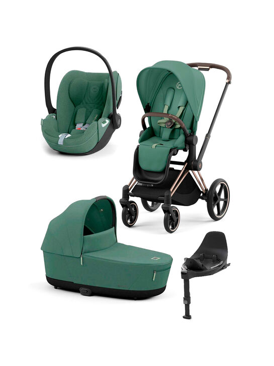 Коляска 3 в 1 Priam IV Rosegold цвет Leaf Green в комплекте со спальным блоком Lux Carry Cot, креслом Cloud T и Базой Isofix CYBEX | Фото 1