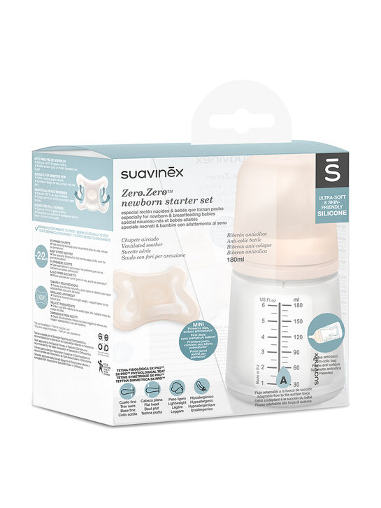 Набор Zero.Zero. Антиколиковая бутылочка с адаптивным потоком 180 мл, силиконовая пустышка -2/2 мес Suavinex | Фото 2