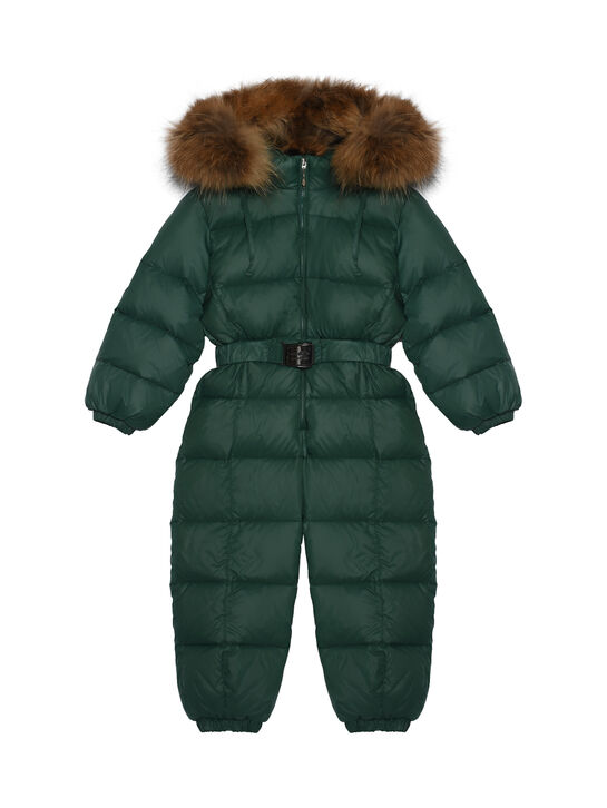 Комбинезон с мехом енота на капюшоне, зеленый Manudieci | Фото 1