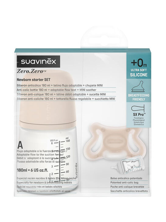 Набор Zero.Zero. Антиколиковая бутылочка с адаптивным потоком 180 мл, силиконовая пустышка -2/2 мес Suavinex | Фото 1
