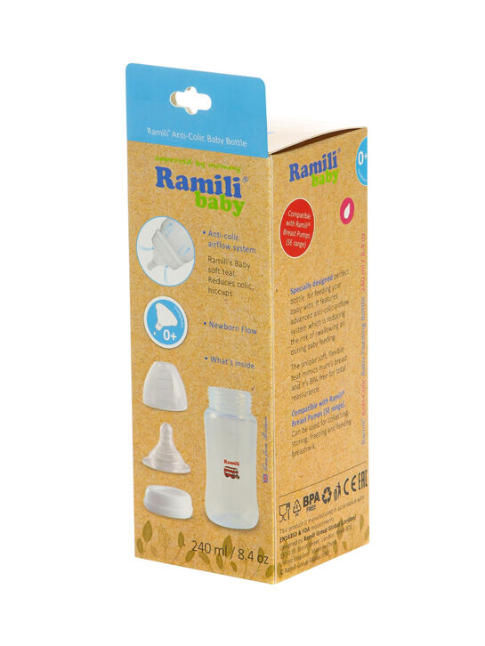 Противоколиковая бутылочка для кормления Ramili Baby 240 мл. с тремя сосками 0+, 3+ и 6+ (240MLBT100ML, слабый, средний и быстрый поток)  | Фото 3