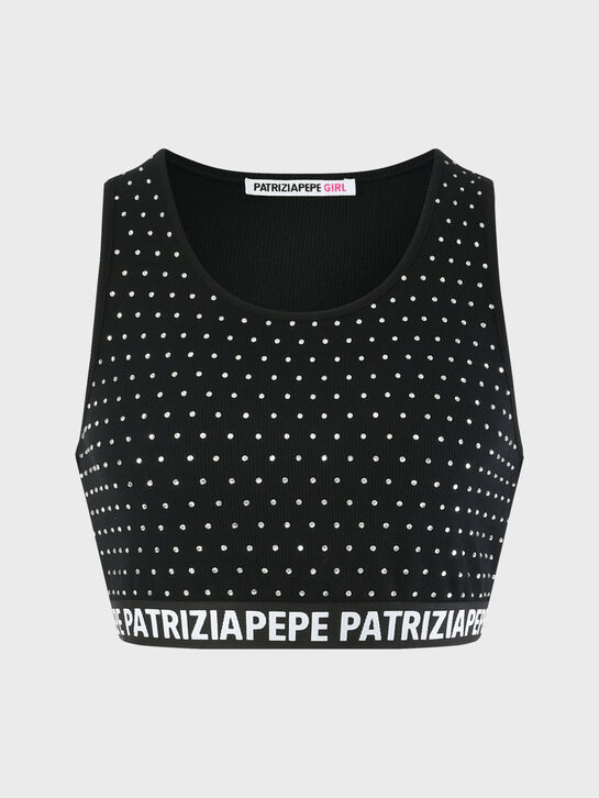 Кроп-топ в стразах с логотипом, черный Patrizia Pepe | Фото 1