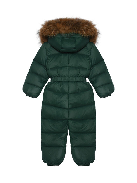 Комбинезон с мехом енота на капюшоне, зеленый Manudieci | Фото 2