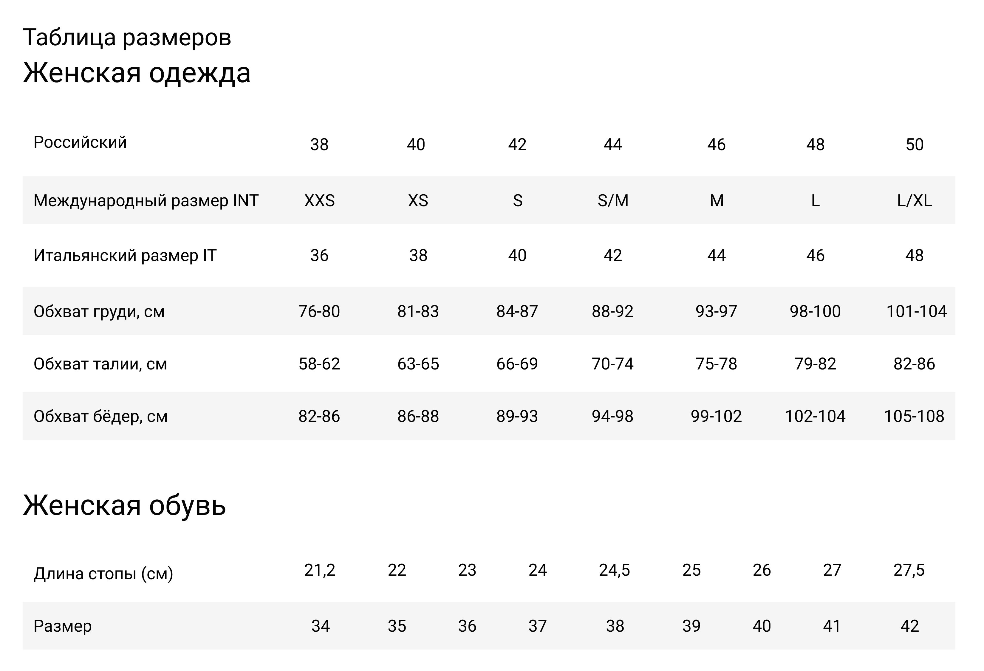 Таблица размеров