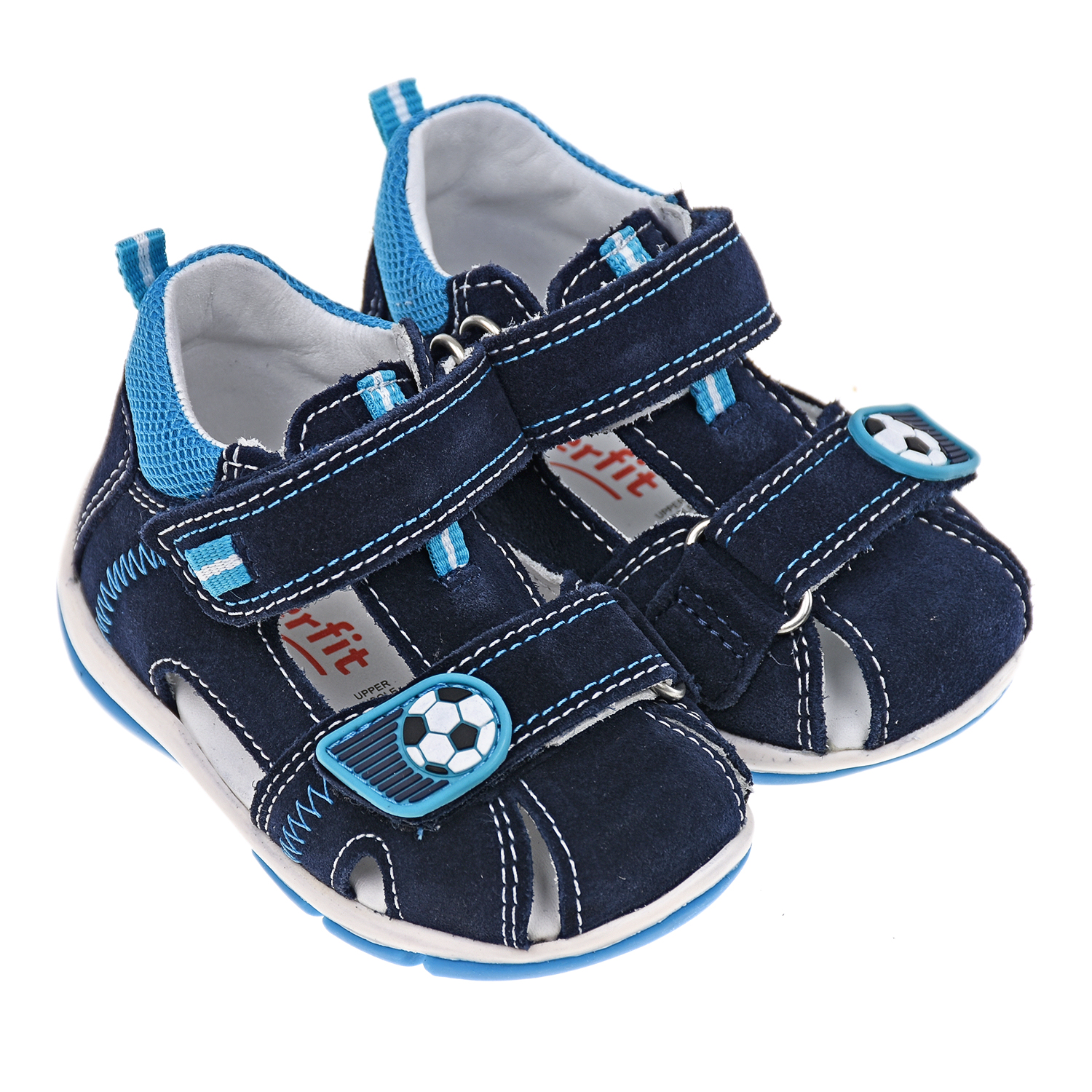 Кожаные сандалии с аппликацией "Футбольный мяч" SUPERFIT детские, размер 18, цвет синий - фото 1