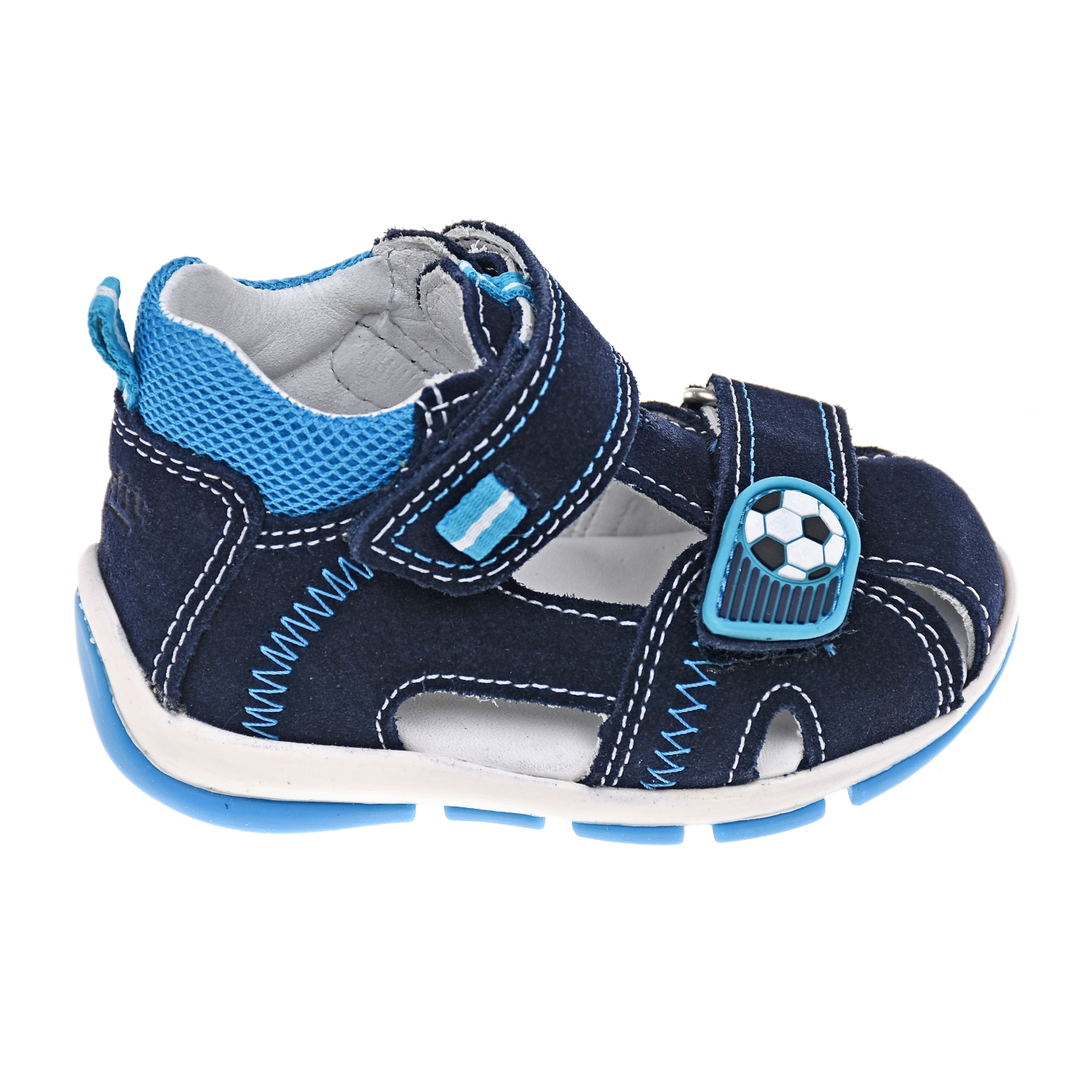Кожаные сандалии с аппликацией "Футбольный мяч" SUPERFIT детские, размер 18, цвет синий - фото 2
