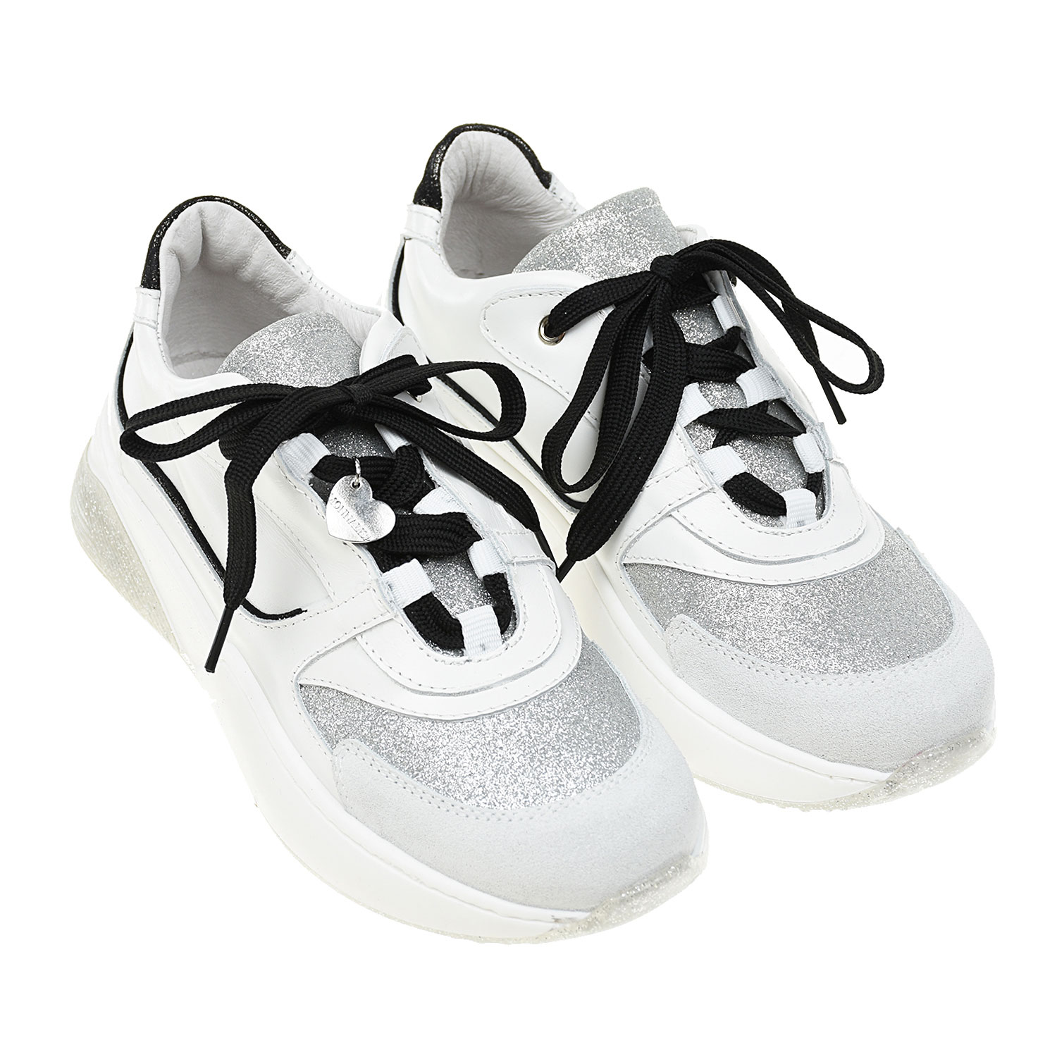 

Кожаные кроссовки с серебристыми вставками Monnalisa детские, Белый, Кожаные кроссовки с серебристыми вставками Monnalisa детские