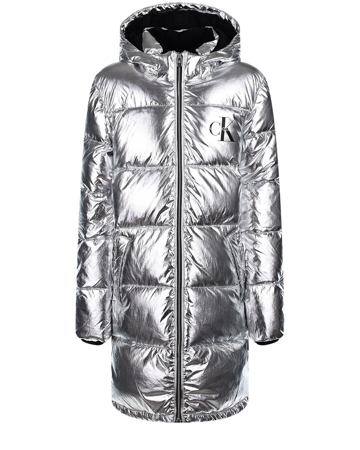 Удлиненная серебристая стеганая куртка Calvin Klein детская, размер 104, цвет серебряный - фото 1