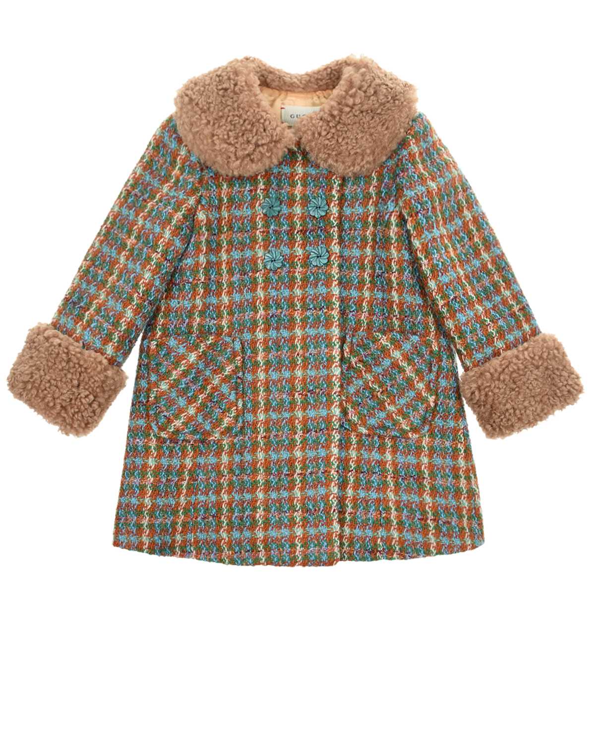 Клетчатое пальто с меховым воротом и манжетами GUCCI детское, размер 98, цвет мультиколор