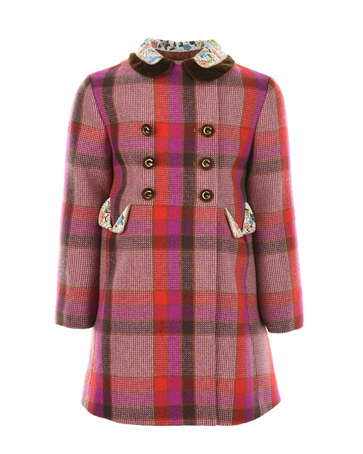 Клетчатое пальто с вышивкой на воротнике GUCCI детское, размер 116, цвет мультиколор - фото 1