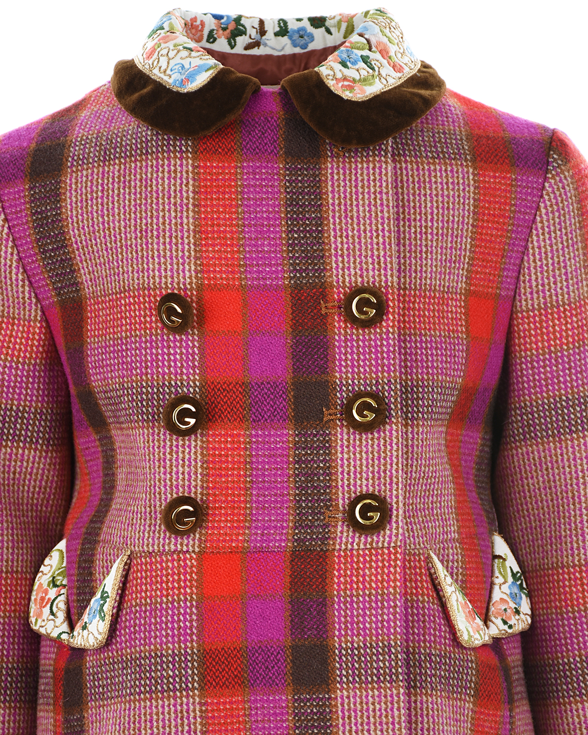 Клетчатое пальто с вышивкой на воротнике GUCCI детское, размер 116, цвет мультиколор - фото 3