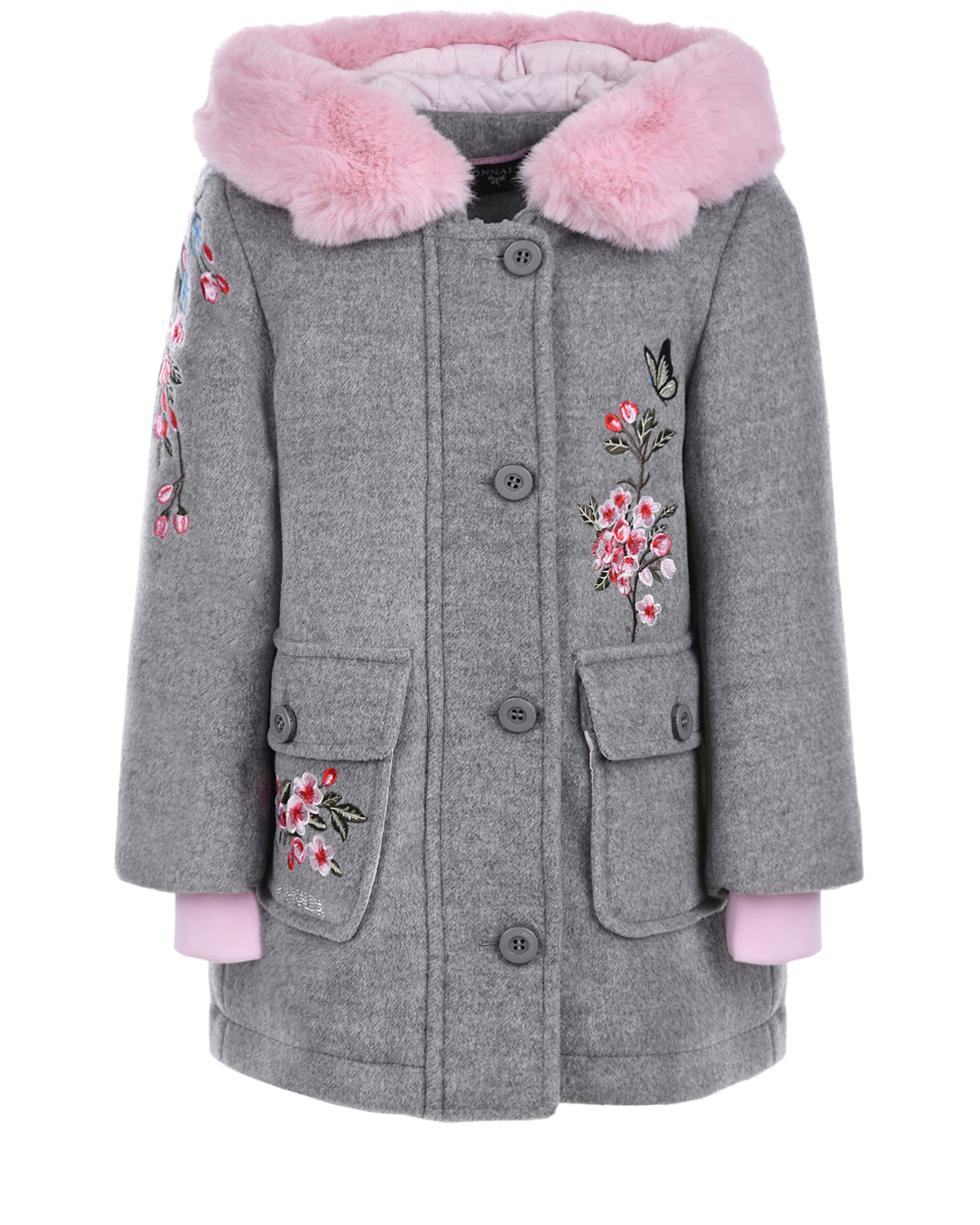 Серое пальто с розовым мехом Monnalisa детское
