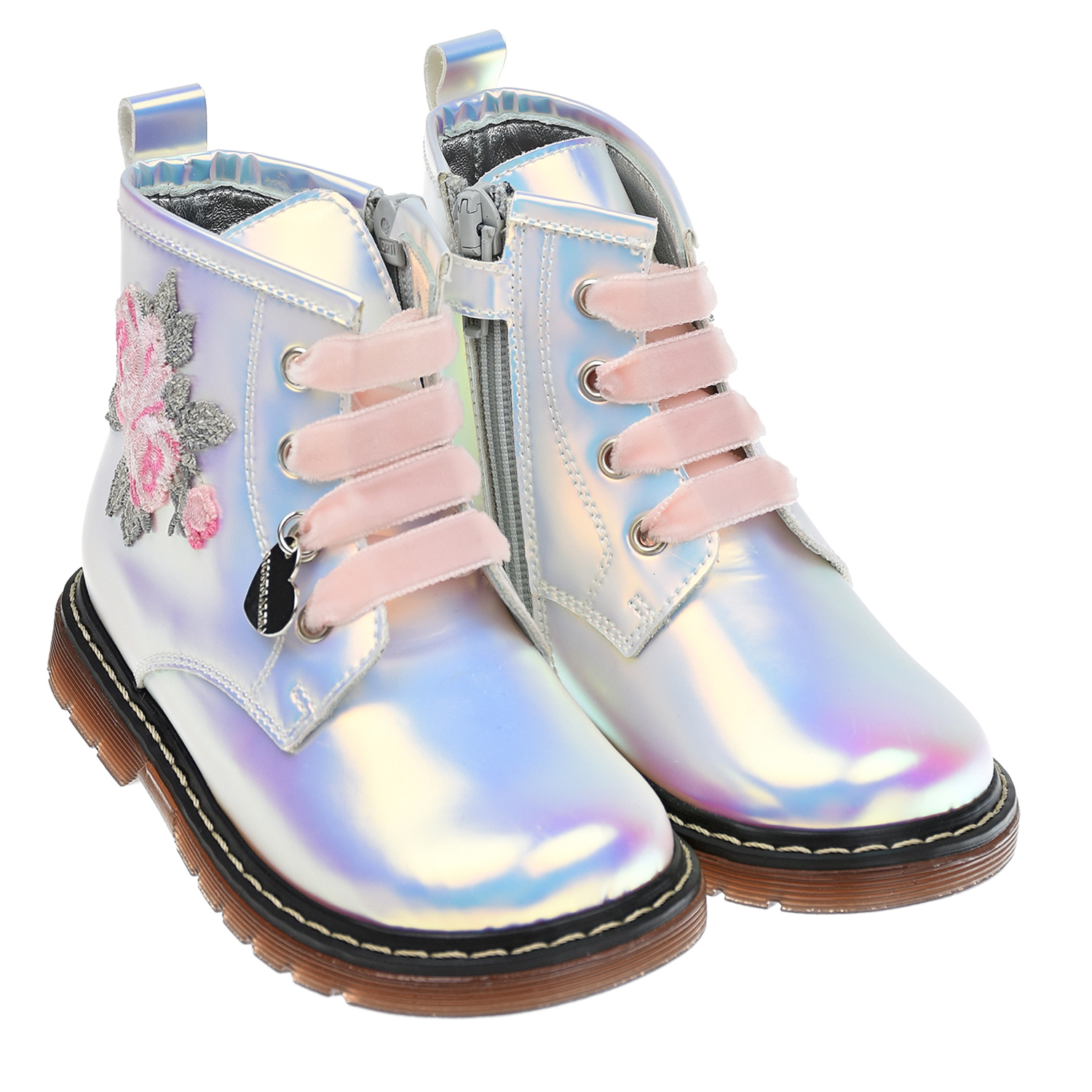 Перламутровые ботинки с аппликацией Monnalisa детские, размер 25, цвет серебристый - фото 1