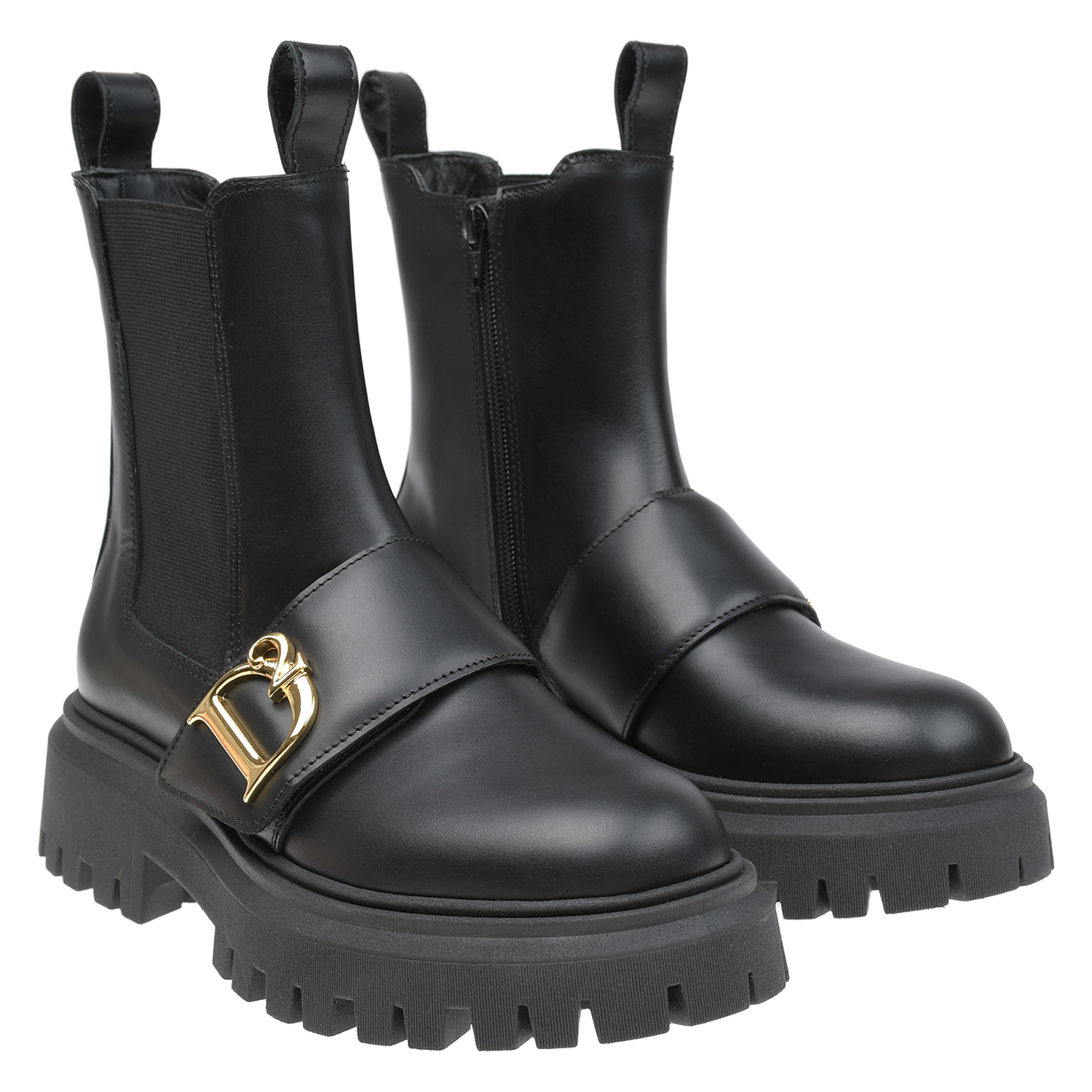 Кожаные ботинки челси с золотистым лого Dsquared2 детские, размер 37, цвет черный