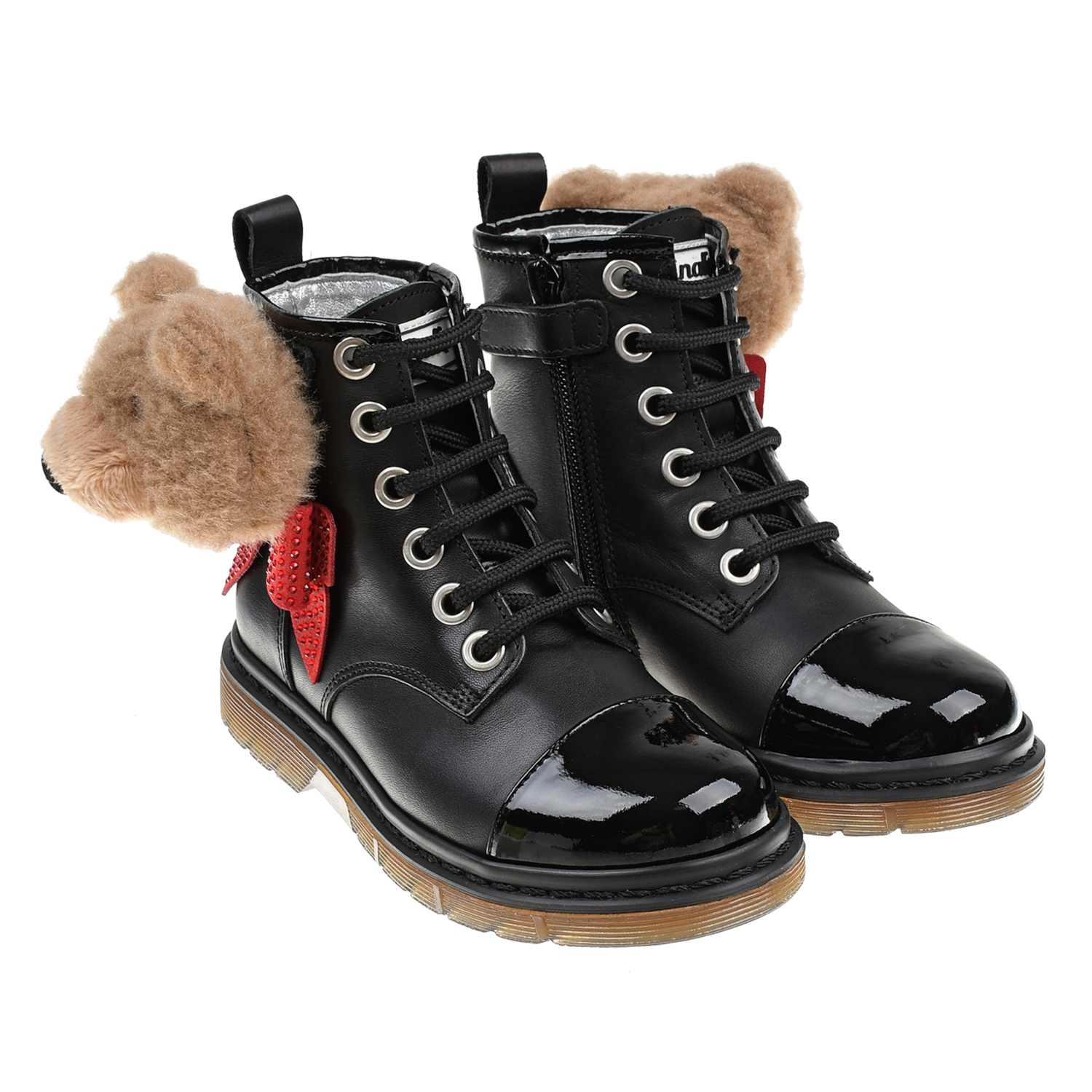 Кожаные ботинки с аппликацией "медвежонок" Monnalisa детские, размер 26, цвет черный