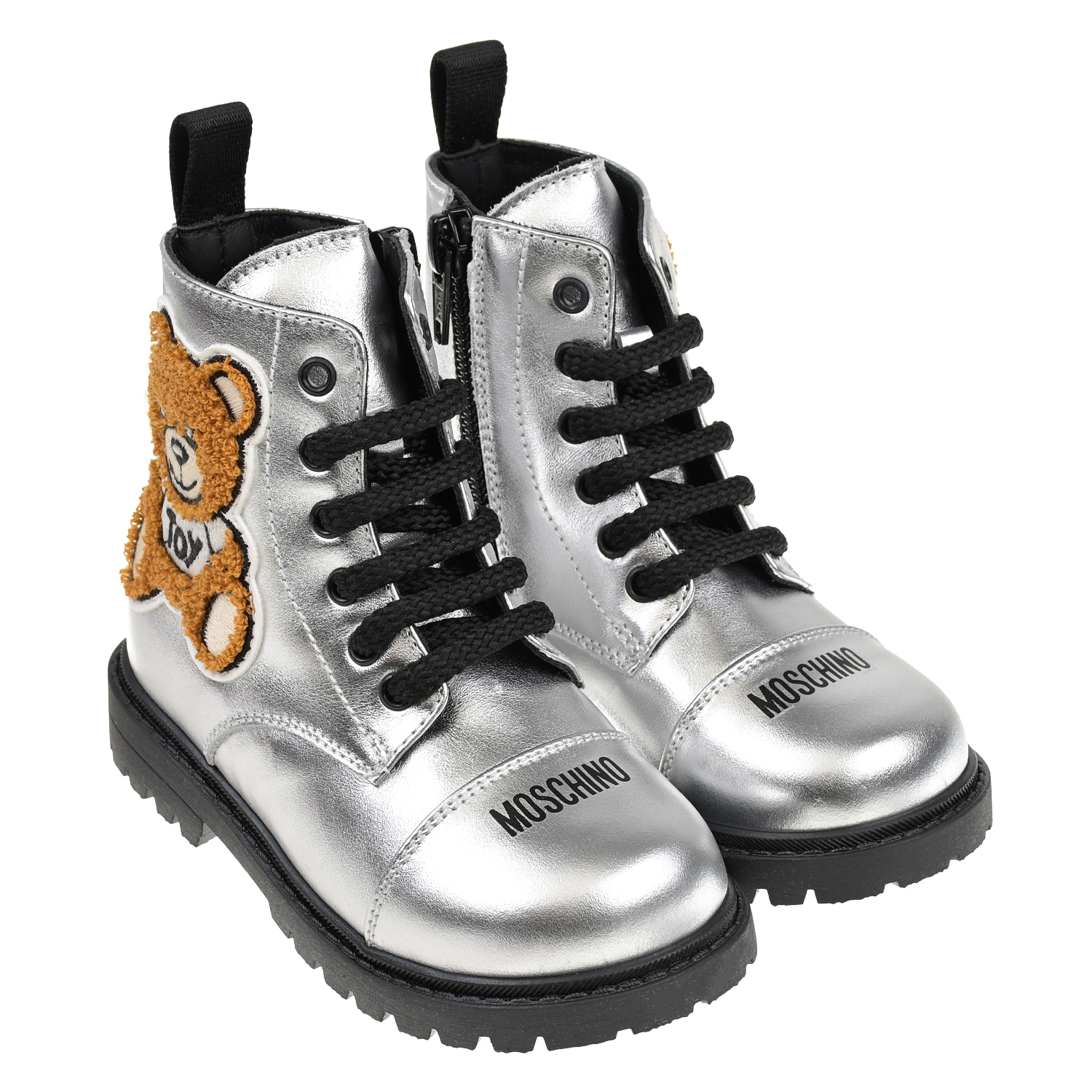 Серебристые ботинки с аппликацией "мишка" Moschino детские