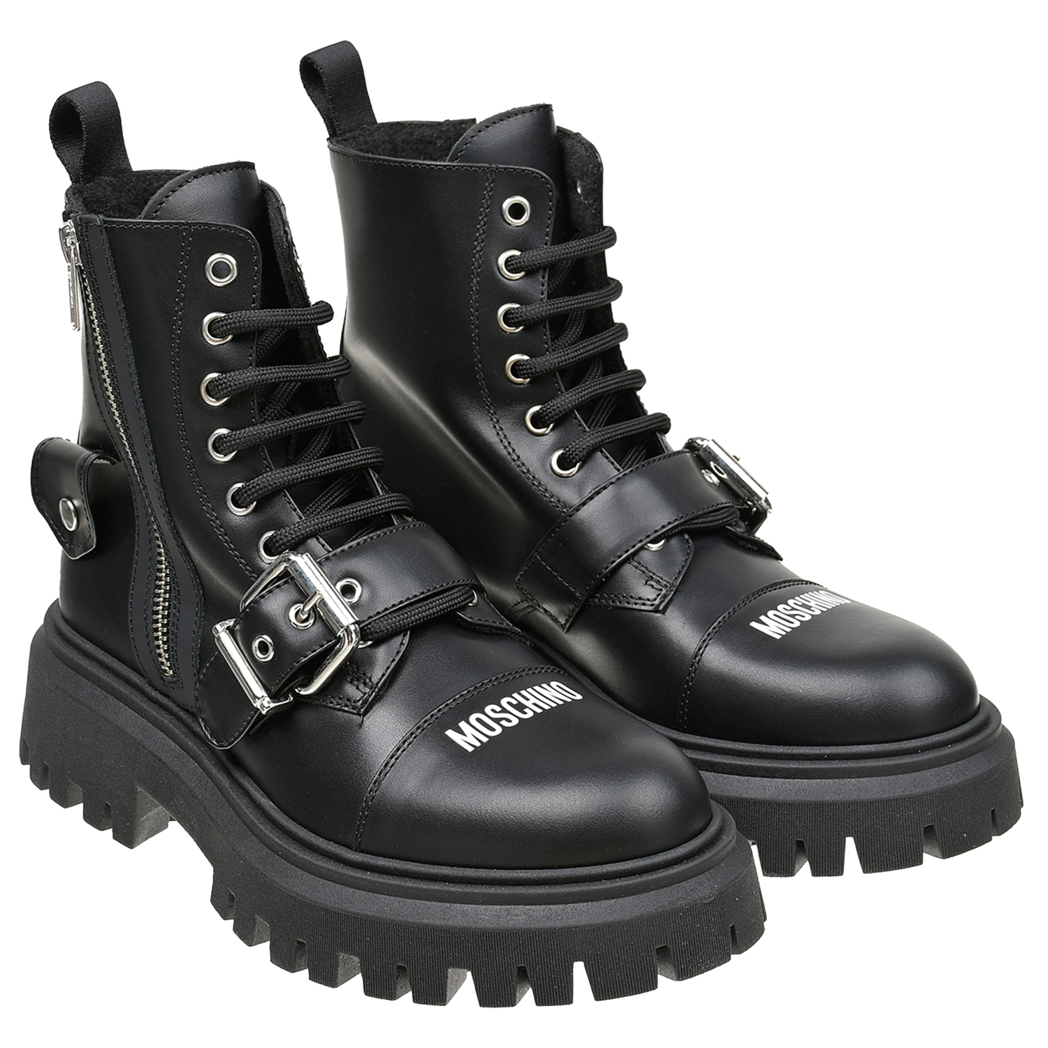 Черные кожаные ботинки с флисовой подкладкой Moschino детские, размер 33, цвет черный - фото 1