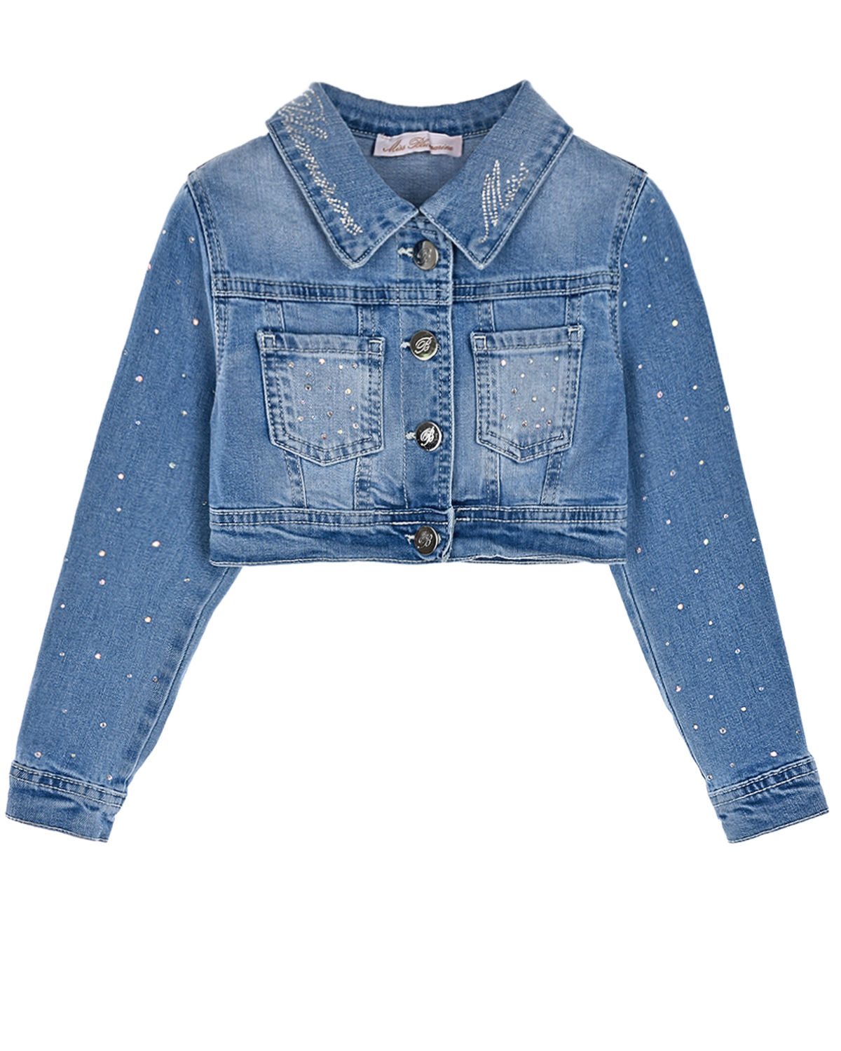Укороченная джинсовая куртка с бусинами Miss Blumarine детская, размер 92, цвет синий