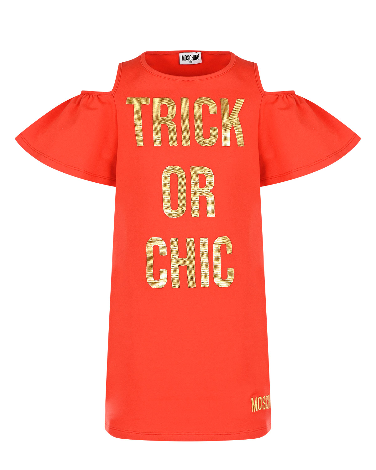 Красное платье с золотым принтом "TRICK OR CHIC" Moschino детское - фото 1