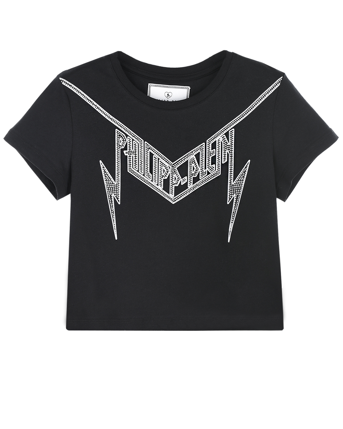 Укороченная футболка с серебристым декором Philipp Plein детская, размер 140, цвет черный - фото 1