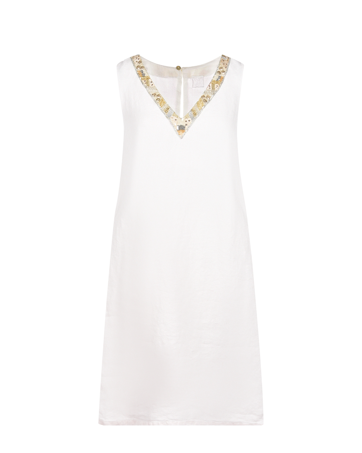 Белое платье с V-образным вырезом и декором 120% Lino, размер 46, цвет белый - фото 1