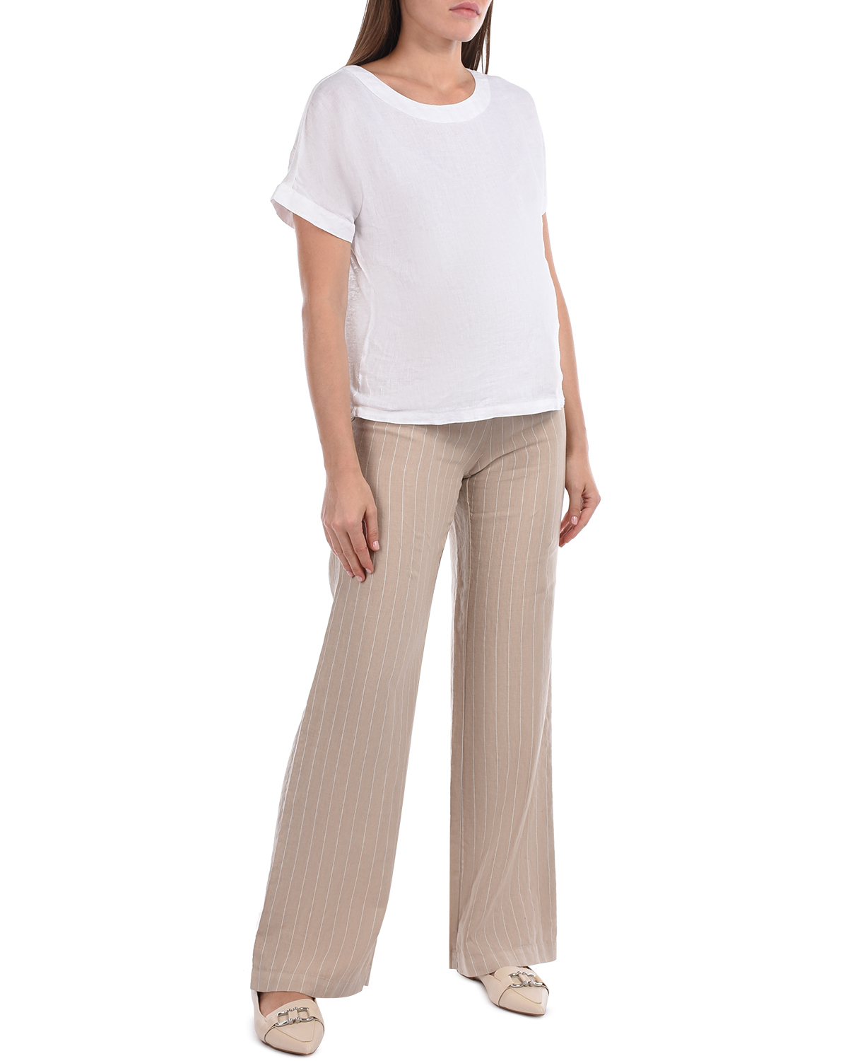 Бежевые брюки в тонкую полоску 120% Lino, размер 42, цвет бежевый - фото 4