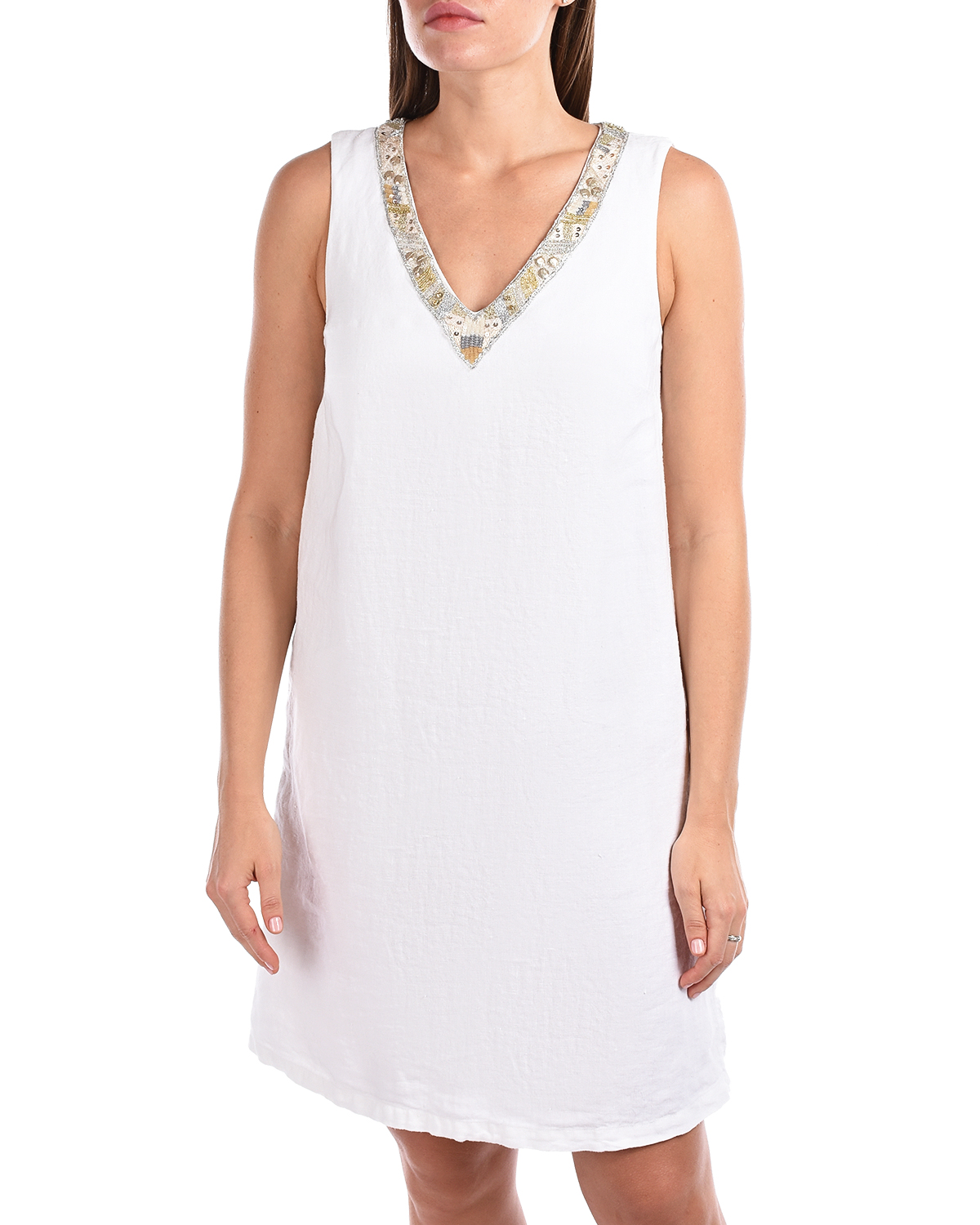 Белое платье с V-образным вырезом и декором 120% Lino, размер 46, цвет белый - фото 6