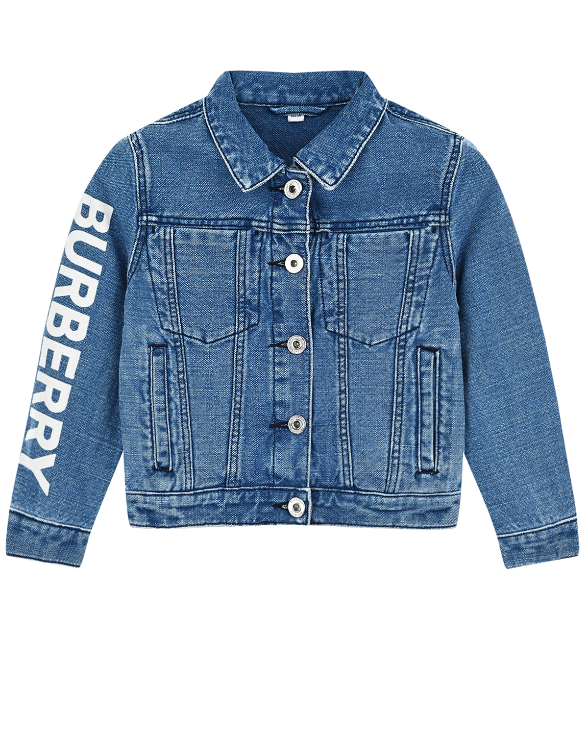Синяя джинсовая куртка с логотипом на рукаве Burberry детская, размер 98, цвет синий - фото 1