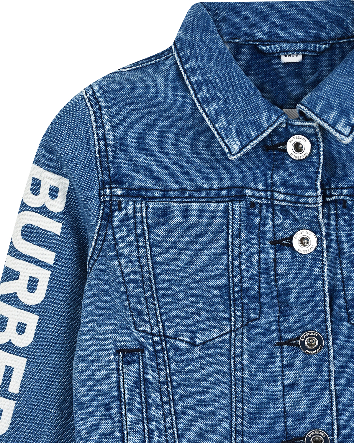 Синяя джинсовая куртка с логотипом на рукаве Burberry детская, размер 98, цвет синий - фото 4