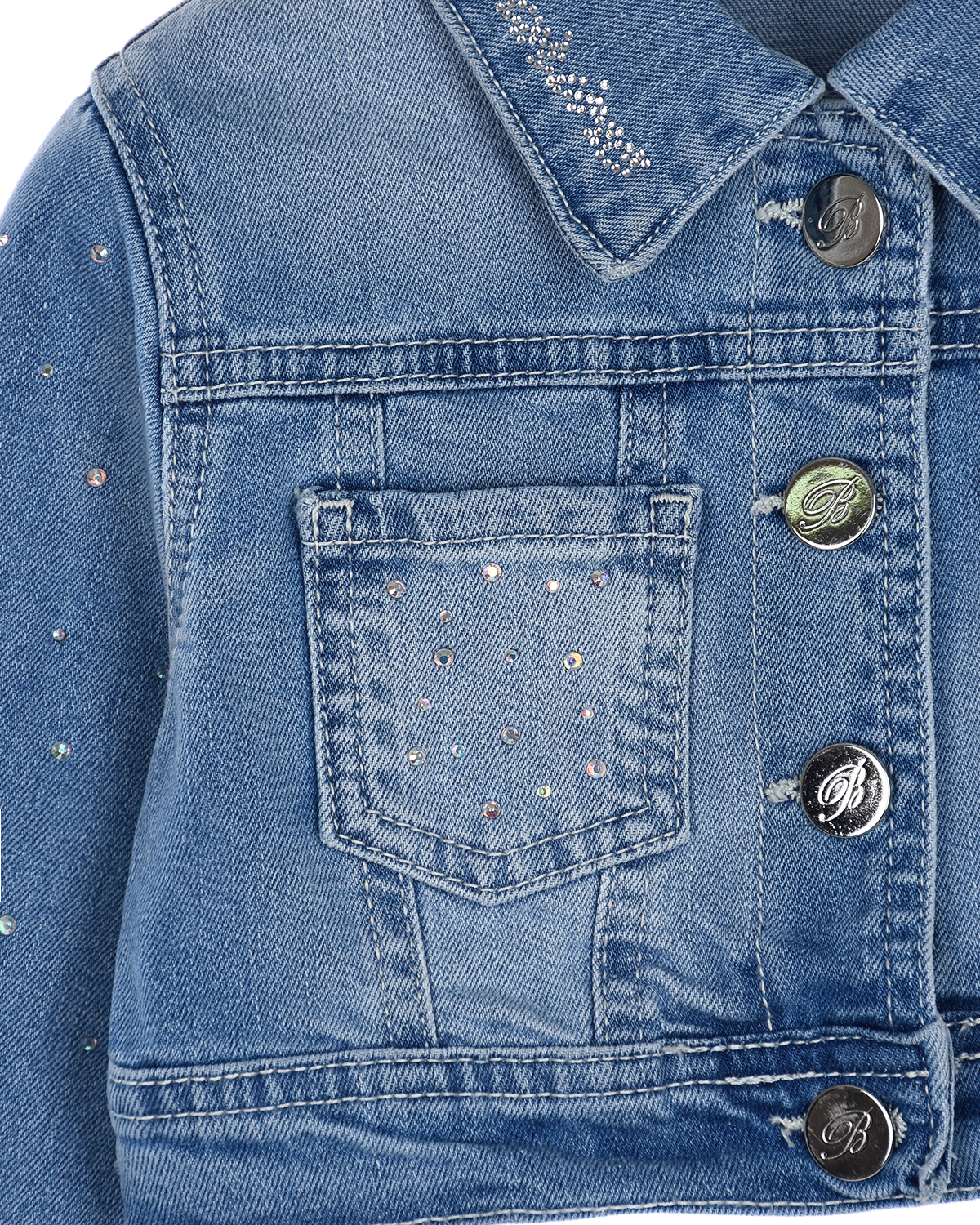 Укороченная джинсовая куртка с бусинами Miss Blumarine детская, размер 92, цвет синий - фото 3