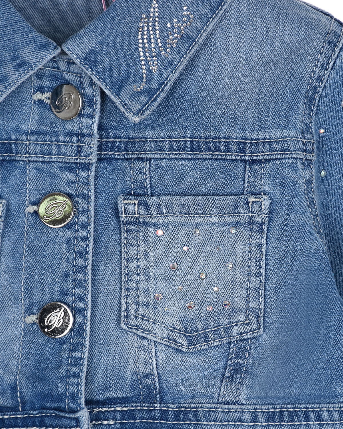 Укороченная джинсовая куртка с бусинами Miss Blumarine детская, размер 92, цвет синий - фото 4