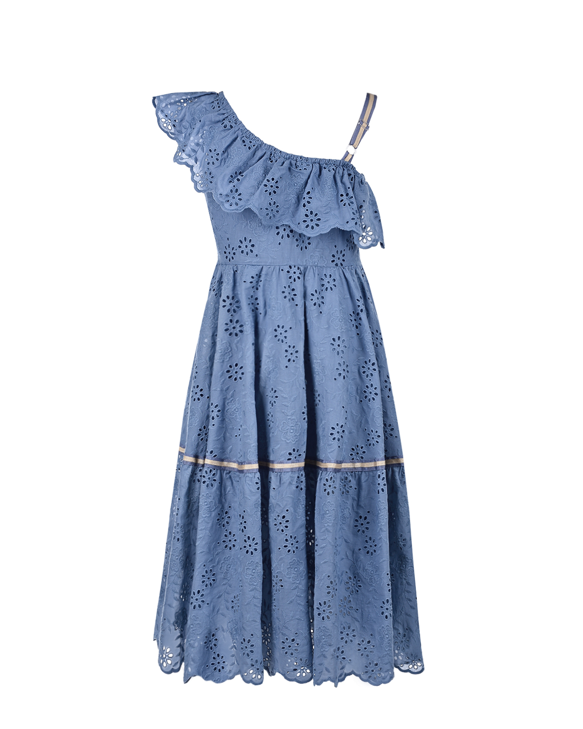 Платье на одно плечо с английской вышивкой Monnalisa детское, размер 140, цвет синий - фото 2