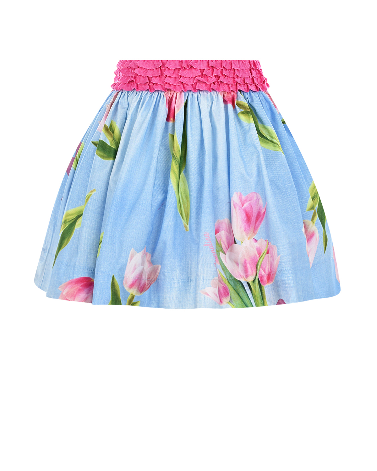 Голубая юбка с принтом "тюльпаны" Monnalisa детская, размер 116, цвет мультиколор - фото 1